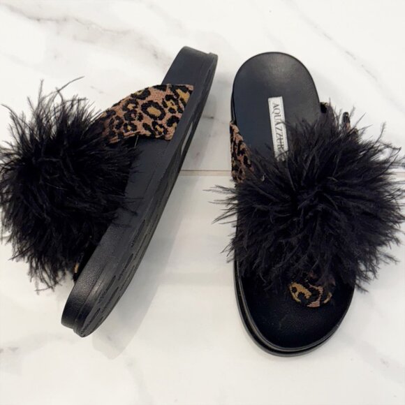 Aquazzura Boudoir Feather-Trimmed Black Animal Print Thong Sandals 7.5 - Picture 2 of 11